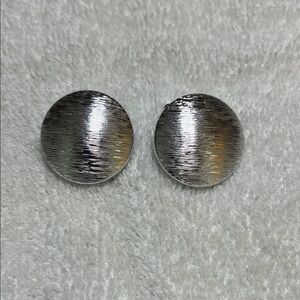 Vintage Silver Tone Textured Round Button Clip Earrings